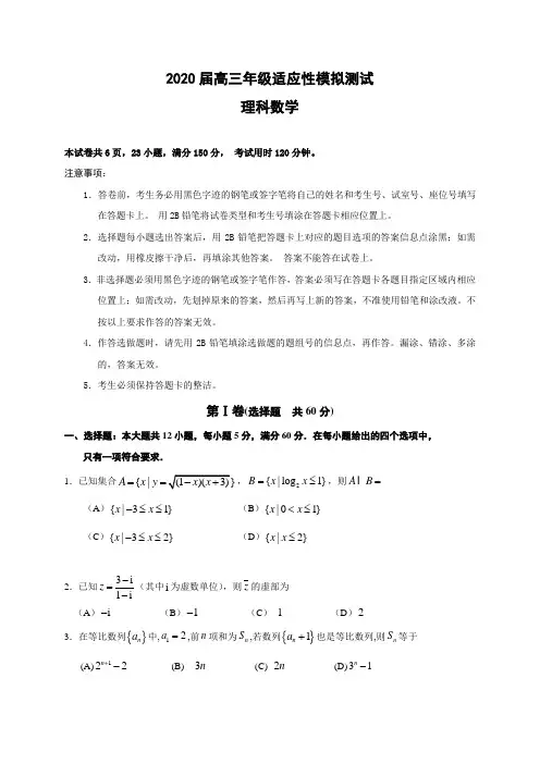 广东省深圳市2020届高三适应性考试(6月)数学(理)试题及答案