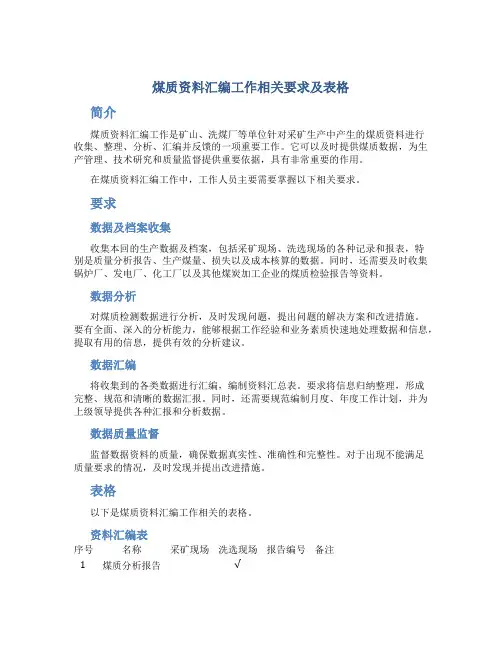 煤质资料汇编工作相关要求及表格
