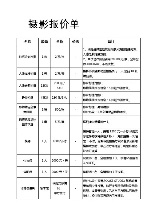 摄影报价单【范本模板】