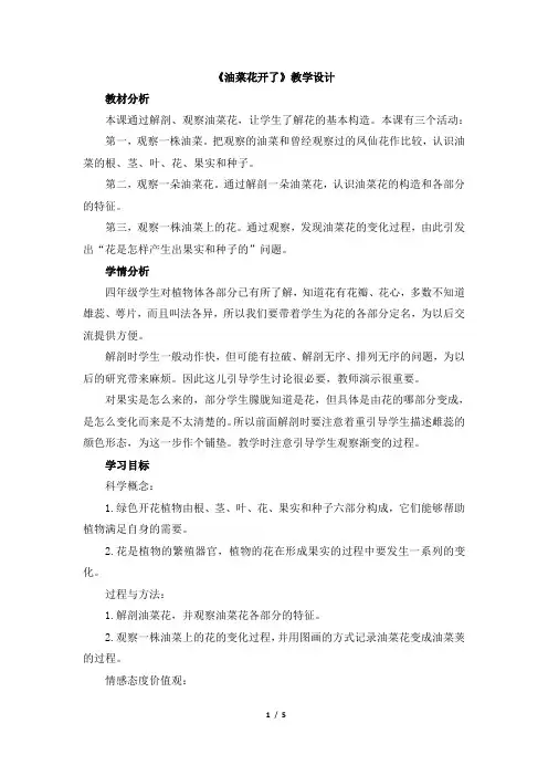 教科版四年级科学下册第二单元《油菜花开了》教学设计