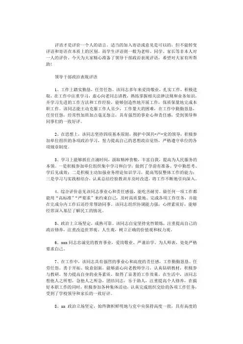 2020年领导干部政治表现评语