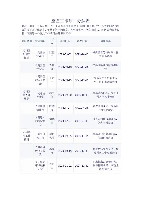 重点工作项目分解表