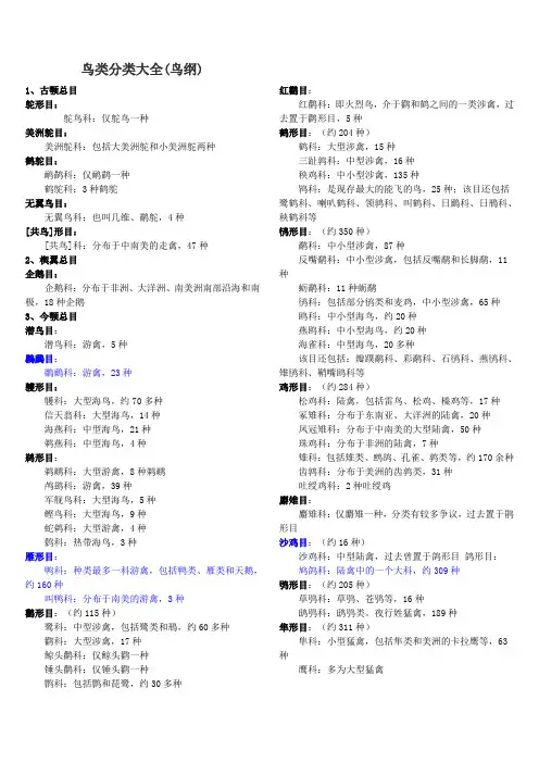 鸟类种类划分(打印版)