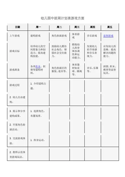幼儿园中班周计划表游戏方面
