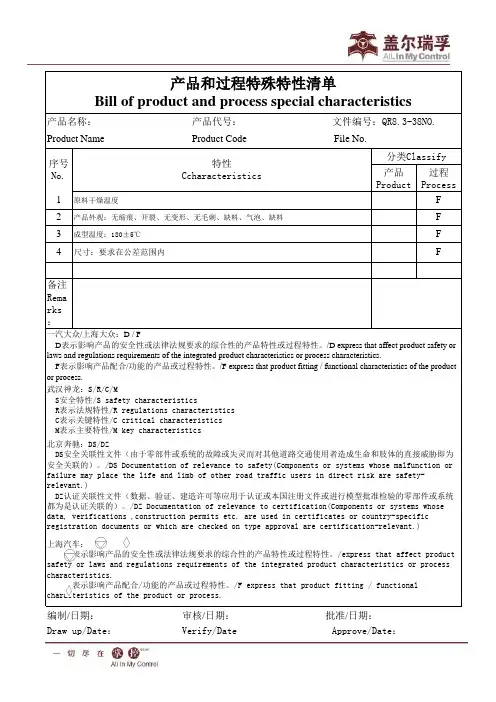 产品和过程特殊特性清单 (大众等)