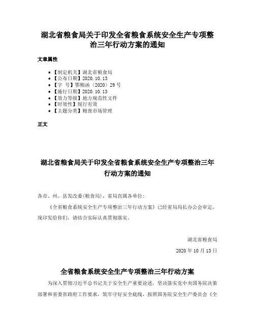 湖北省粮食局关于印发全省粮食系统安全生产专项整治三年行动方案的通知