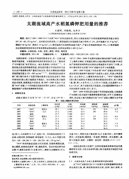 太湖流域高产水稻氮磷钾肥用量的推荐