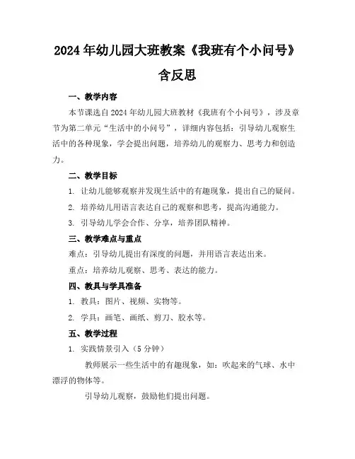 2024年幼儿园大班教案《我班有个小问号》含反思