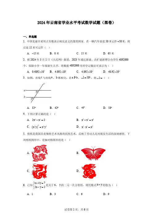 2024年云南省学业水平考试数学试题(黑卷)