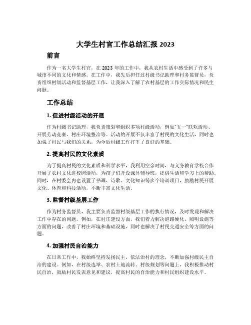 大学生村官工作总结汇报2023