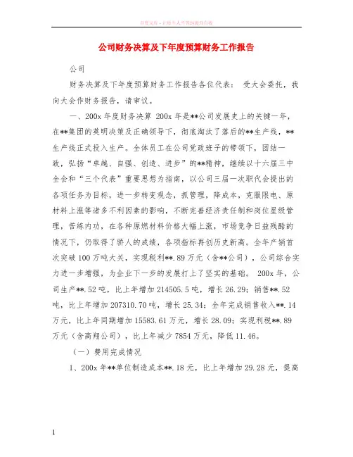 公司财务决算及下年度预算财务工作报告