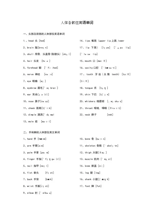 人体各部位英语单词(含音标)