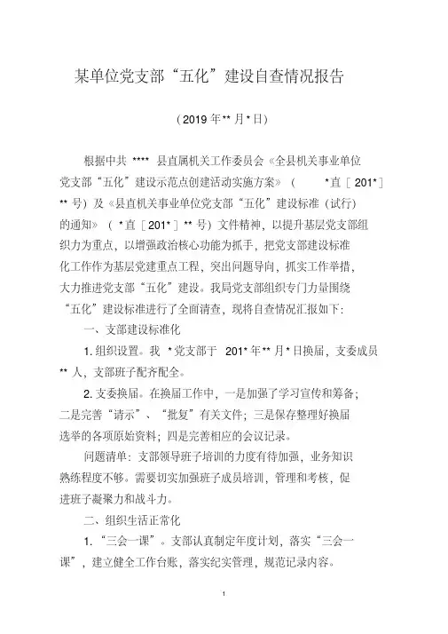 某单位党支部“五化”建设自查报告(范文)