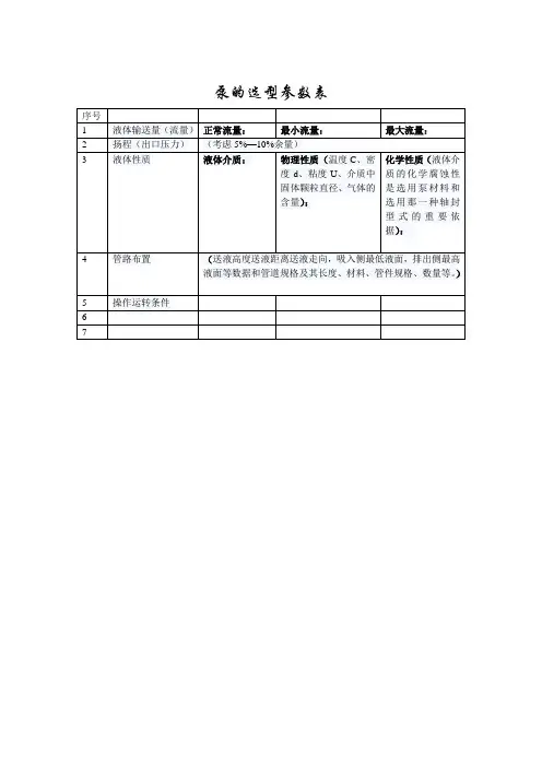 泵的选型参数表