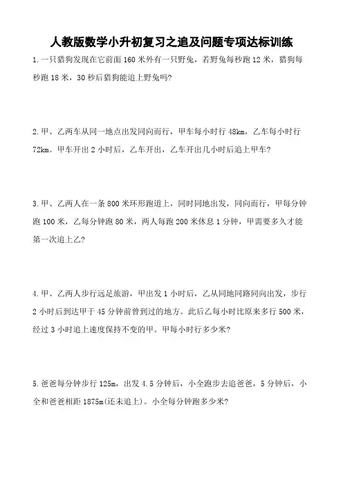 人教版数学小升初复习之追及问题专项达标训练
