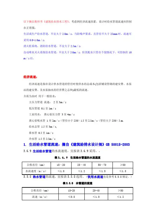 给排水管道流速常用数据
