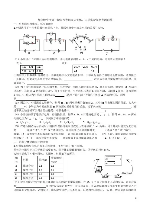人教版九年级物理专题复习训练：电学实验探究专题训练