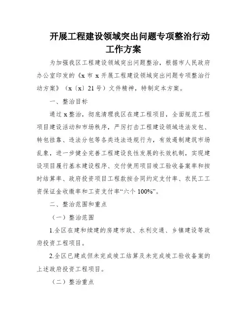 开展工程建设领域突出问题专项整治行动工作方案