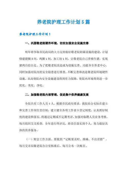 养老院护理工作计划5篇