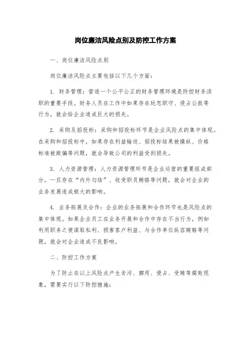 岗位廉洁风险点别及防控工作方案