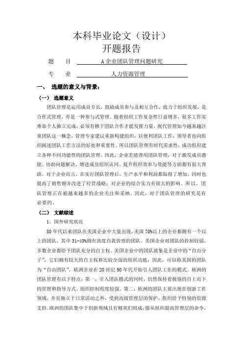 某企业团队管理问题研究[开题报告]