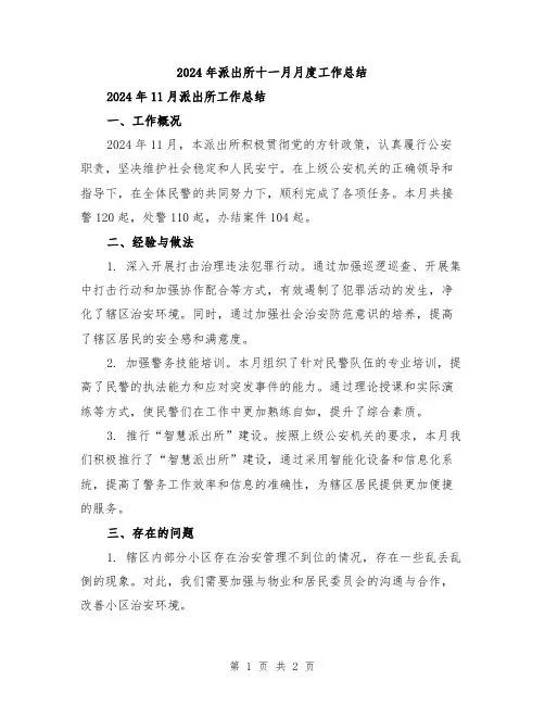 2024年派出所十一月月度工作总结