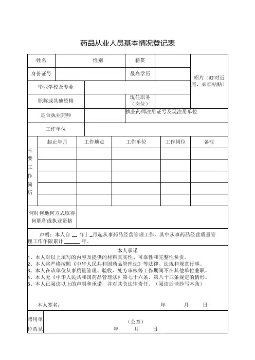 药品从业人员基本情况登记表