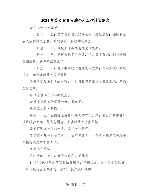 2024年公司财务出纳个人工作计划范文（6篇）