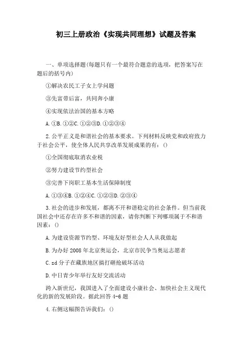 初三上册政治《实现共同理想》试题及答案