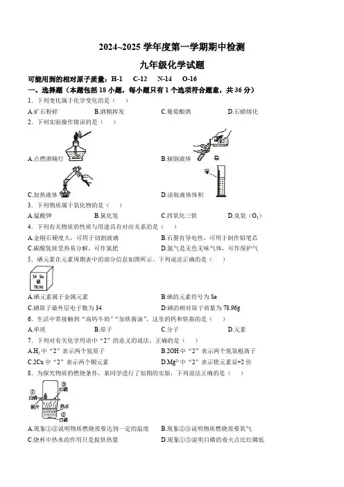 江苏省徐州市2024-2025学年九年级上学期期中检测化学试题(含答案)