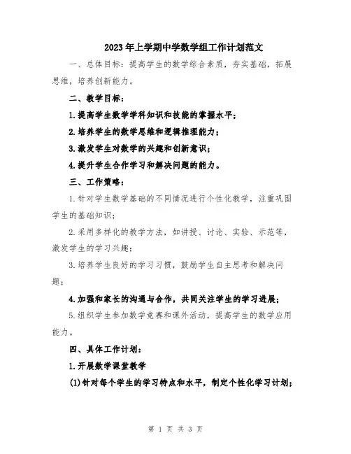 2023年上学期中学数学组工作计划范文