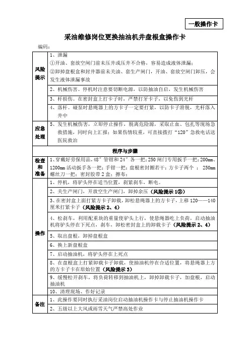采油维修岗位更换抽油机井盘根盒操作卡