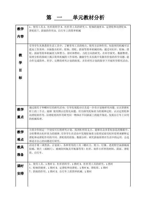 教科版科学六年级上册教案第一单元教材分析