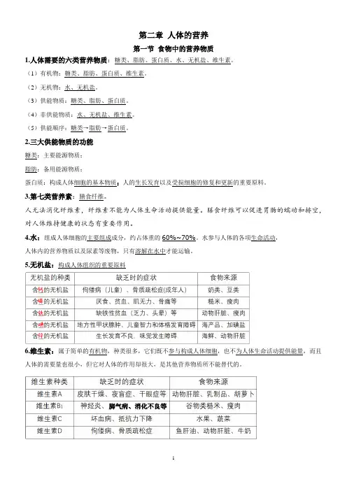 第二节人体的营养知识点汇总-2023-2024学年鲁科版(五四学制)生物七年级上册