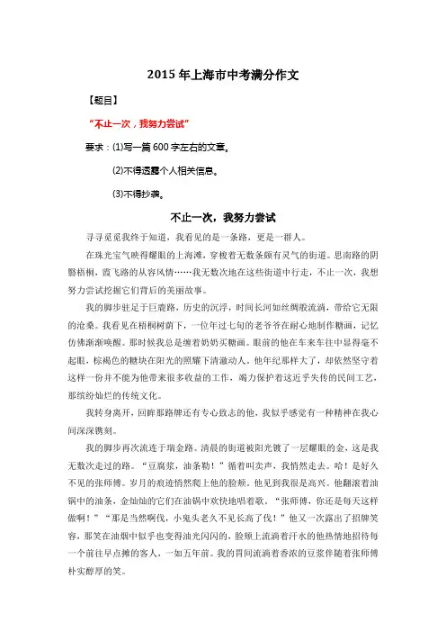 2015年上海市中考满分作文《不止一次,我努力尝试》10