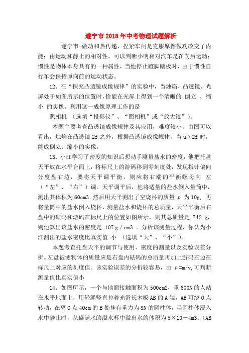 【初三物理试题精选】遂宁市2018年中考物理试题解析