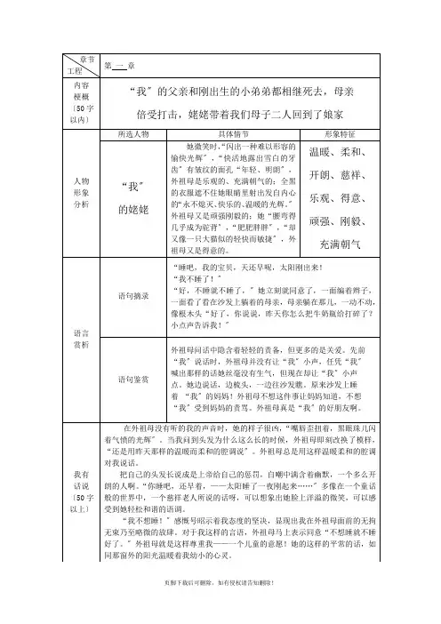 高尔基童年-每章读书笔记表格+新学期计划