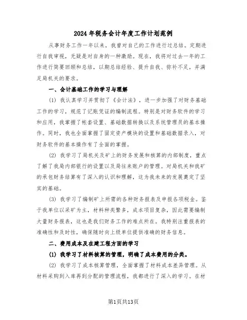 2024年税务会计年度工作计划范例（六篇）
