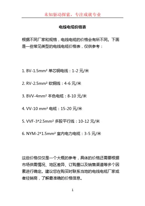 电线电缆价格表