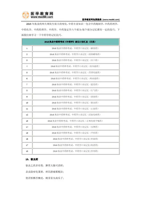 2015执业中药师《中药学》速记口诀记忆汇总(驱虫药)