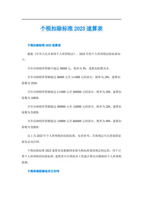 个税扣除标准2023速算表