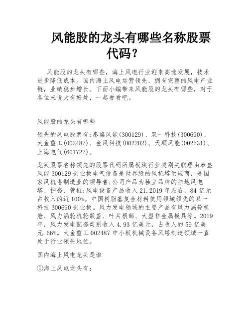 风能股的龙头有哪些名称股票代码？