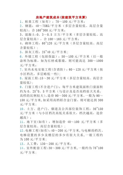 (每平米)房地产建筑成本及建筑常用数据