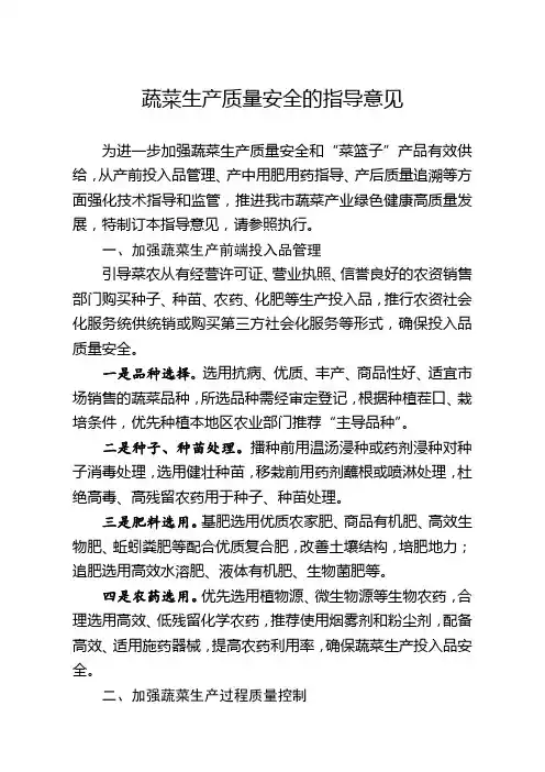 蔬菜生产质量安全的指导意见