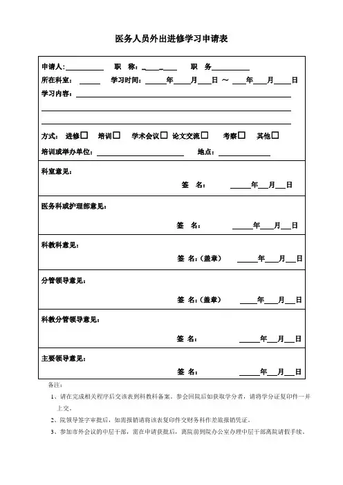 医务人员外出进修学习申请表