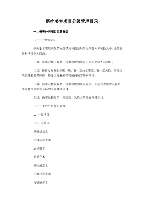 医疗美容项目分级管理目录