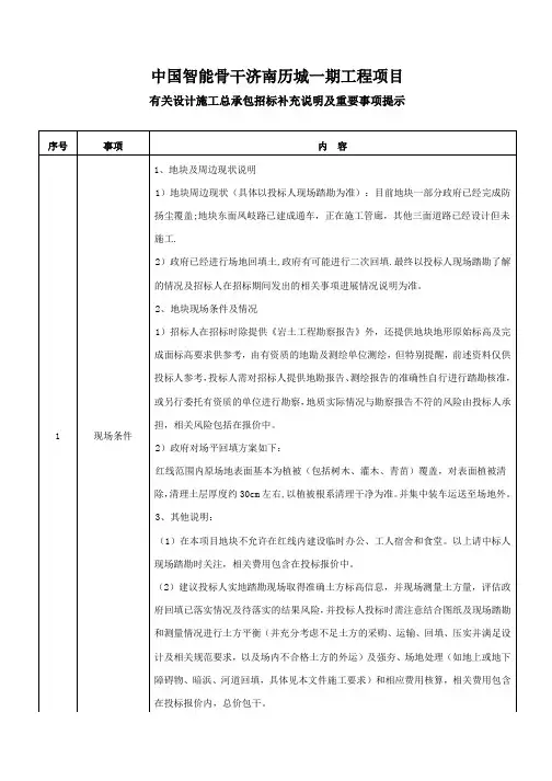 招标补充说明及重要事项提示