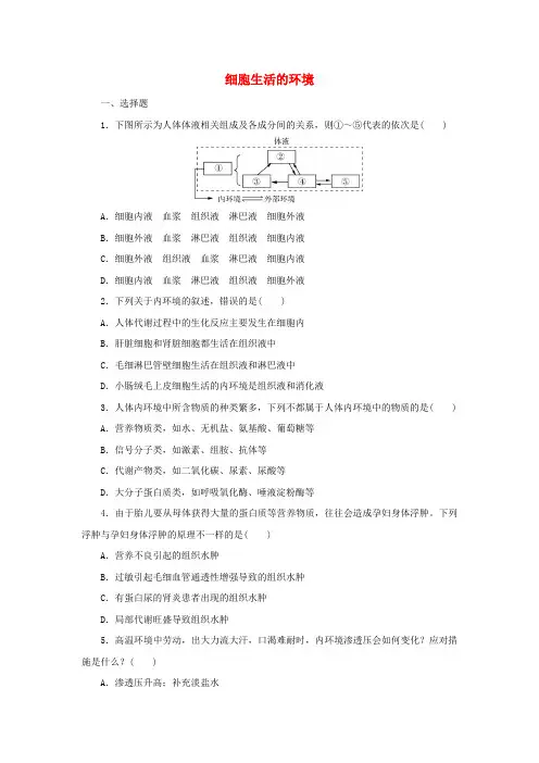 细胞生活的环境 习题 高二上学期生物人教版选择性必修1