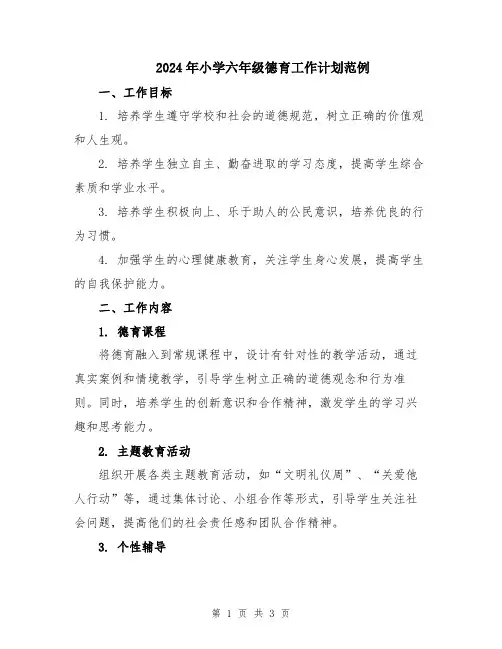 2024年小学六年级德育工作计划范例