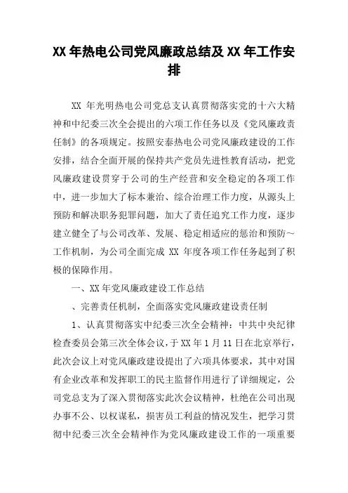 XX年热电公司党风廉政总结及XX年工作安排